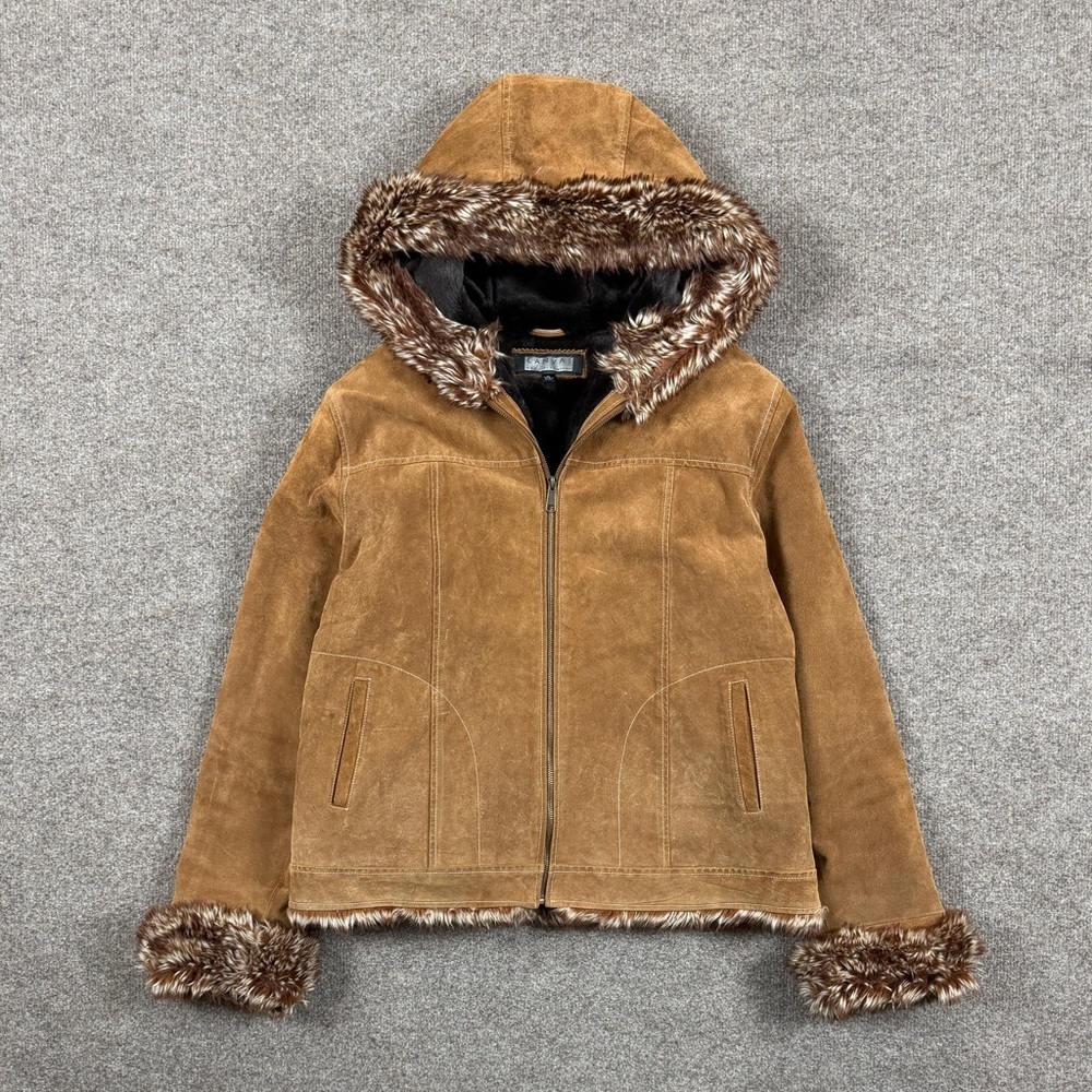 Vintage Canvas Brown Genuine Suede Fur Lined Hooded Full Zip Jacket Women’s XL